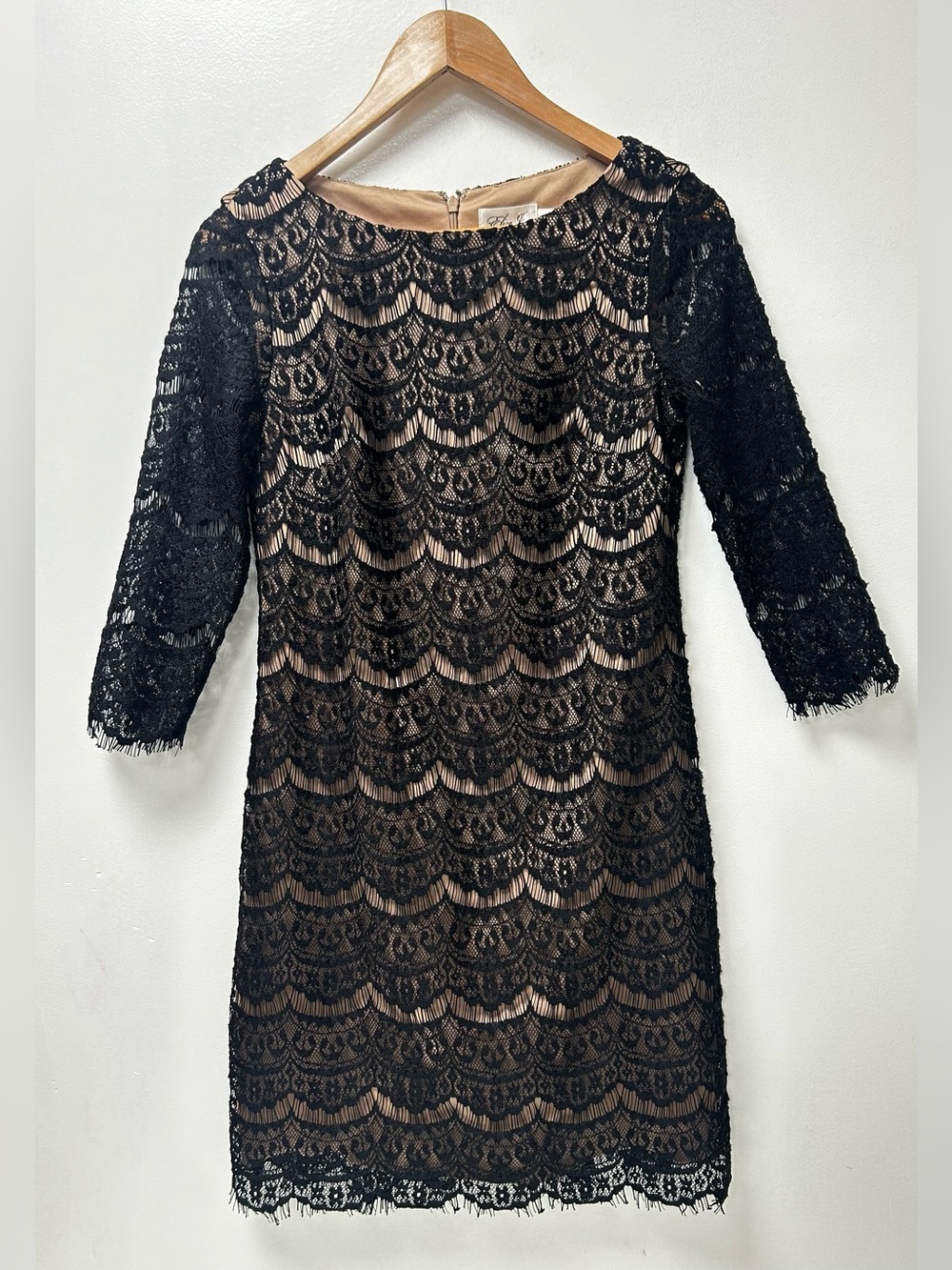Eliza‎ J Black Lace Cocktail Dress Size 4 Nude Lining 3/4 Sleeve Sheath